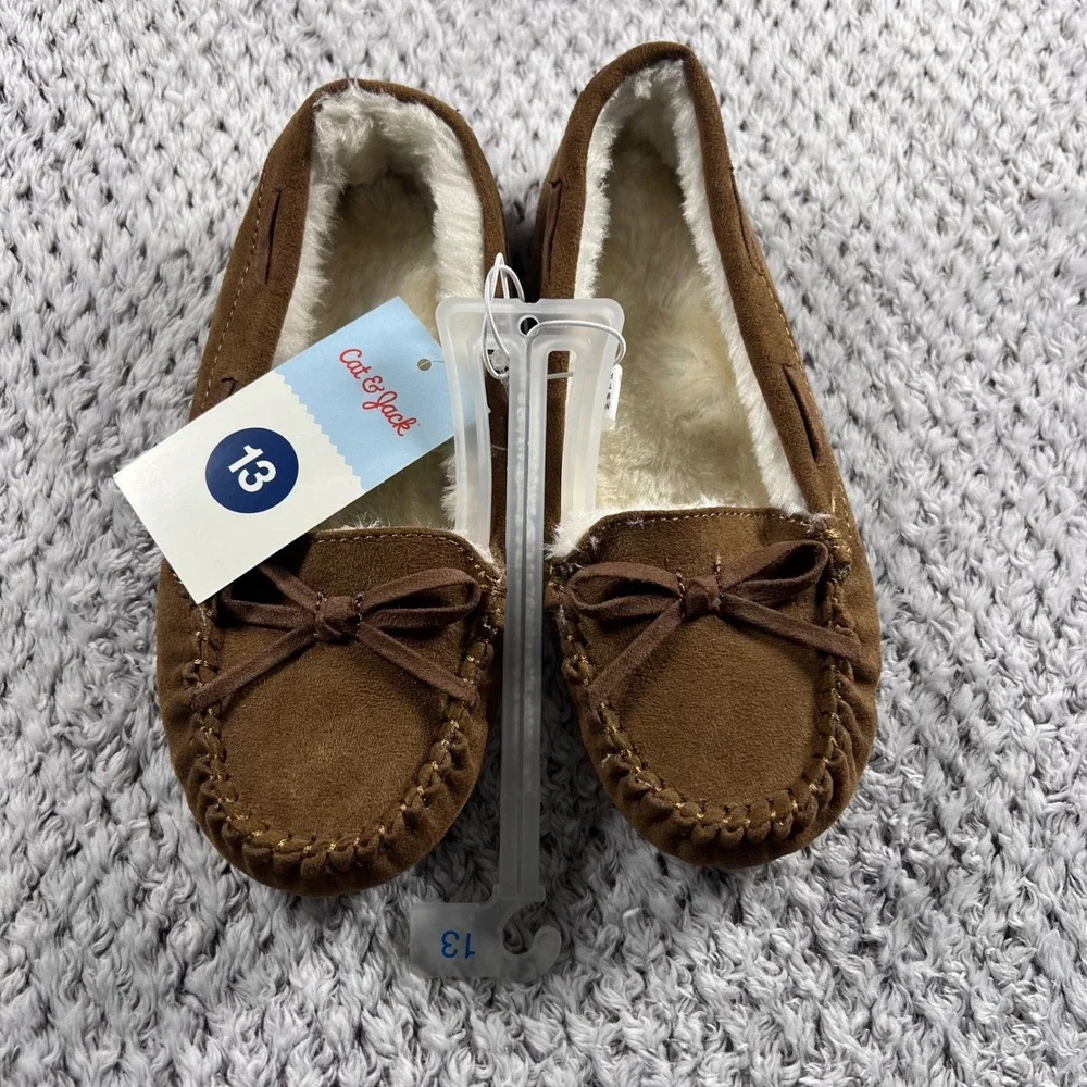 Cat Jack Toddler Girls Brown Moccasin Slippers‎ Fuzzy Lined Bow Size 13 NWT